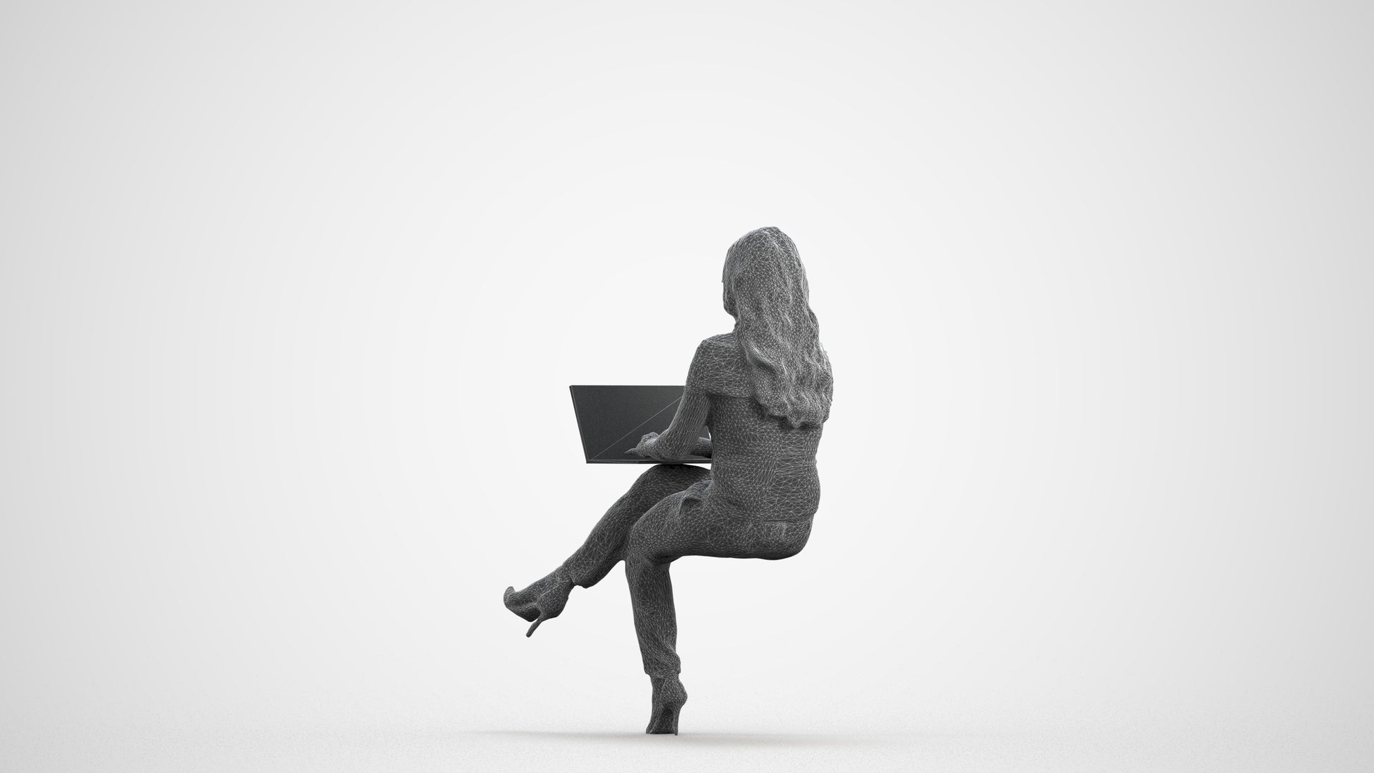realistic 3D human woman business sitting, archviz people FBX OBJ for Blender, wireframe front view