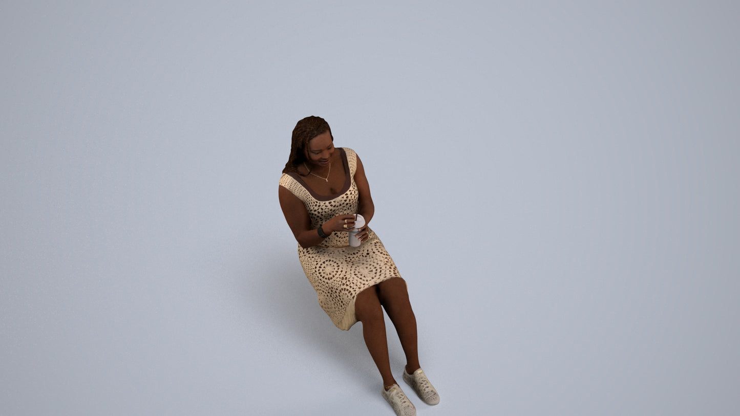 realistic 3D woman casual sitting, scanned archviz people for Blender and 3ds Max, back view render