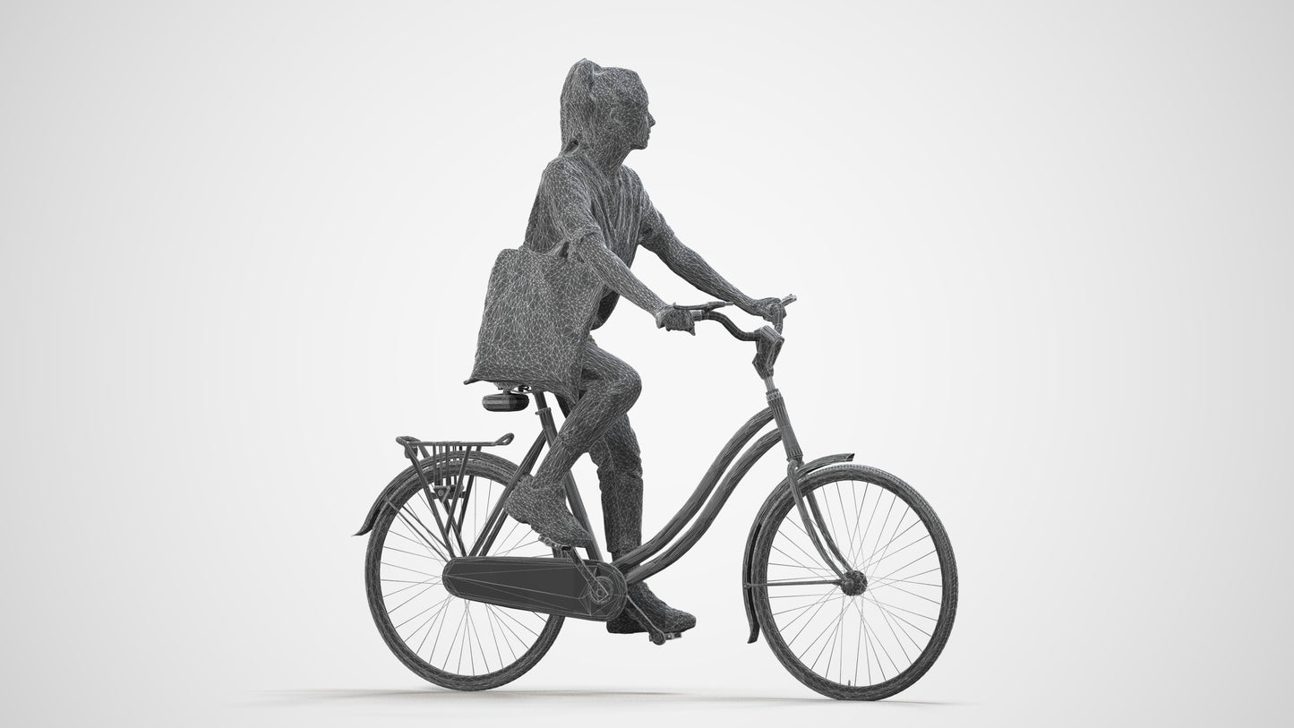3D human model woman casual cycling, photogrammetry scanned person for archviz, wireframe side view