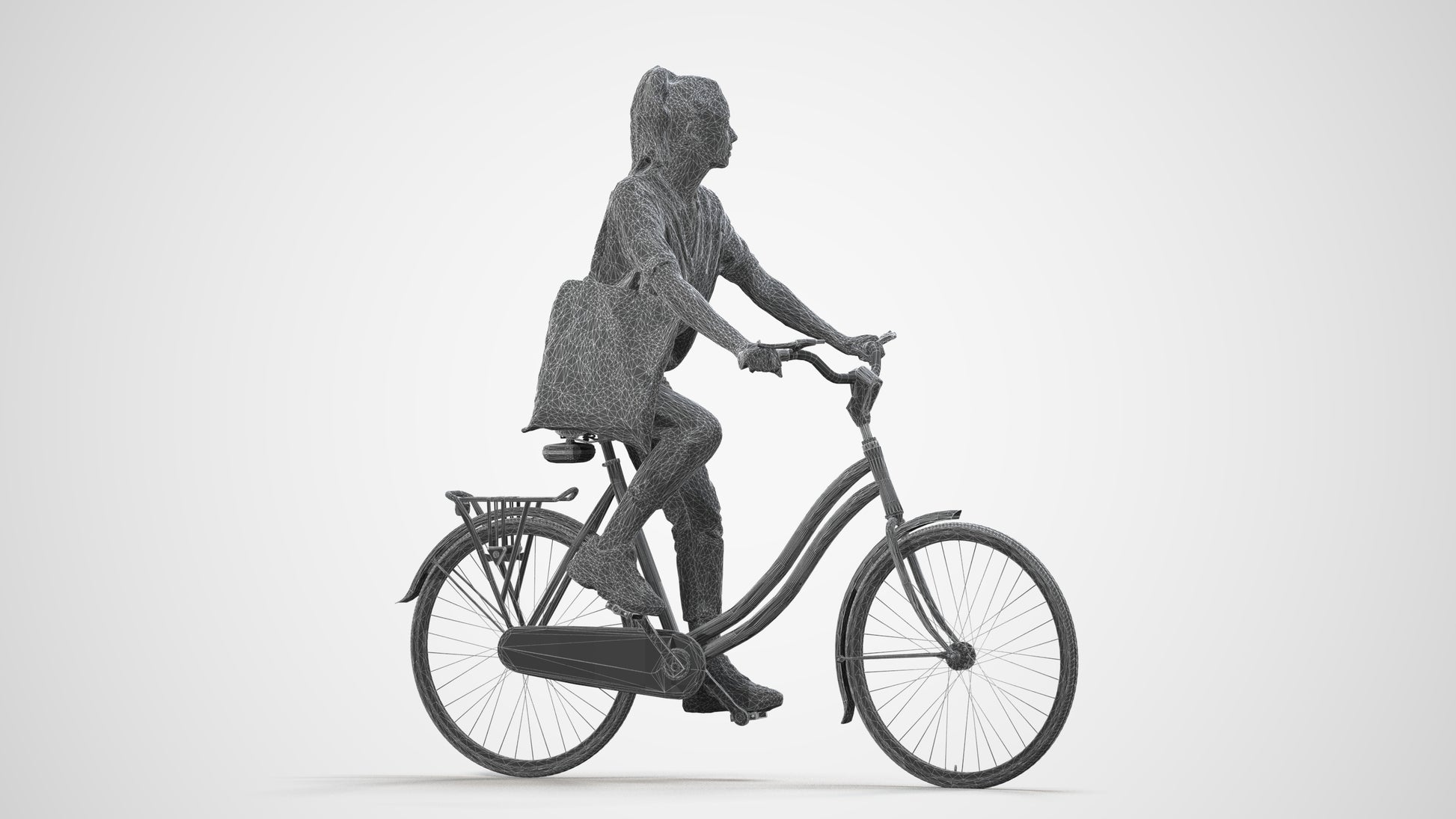 3D human model woman casual cycling, photogrammetry scanned person for archviz, wireframe side view
