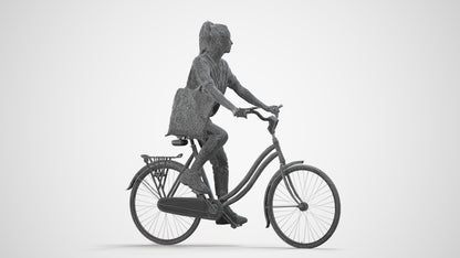 3D human model woman casual cycling, photogrammetry scanned person for archviz, wireframe side view