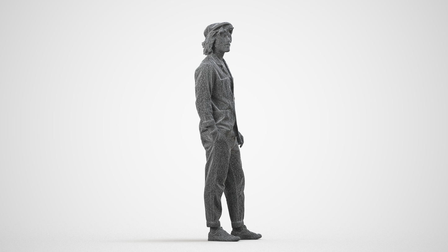 3D scanned man standing casual, photorealistic archviz people for Enscape and SketchUp, wireframe side view