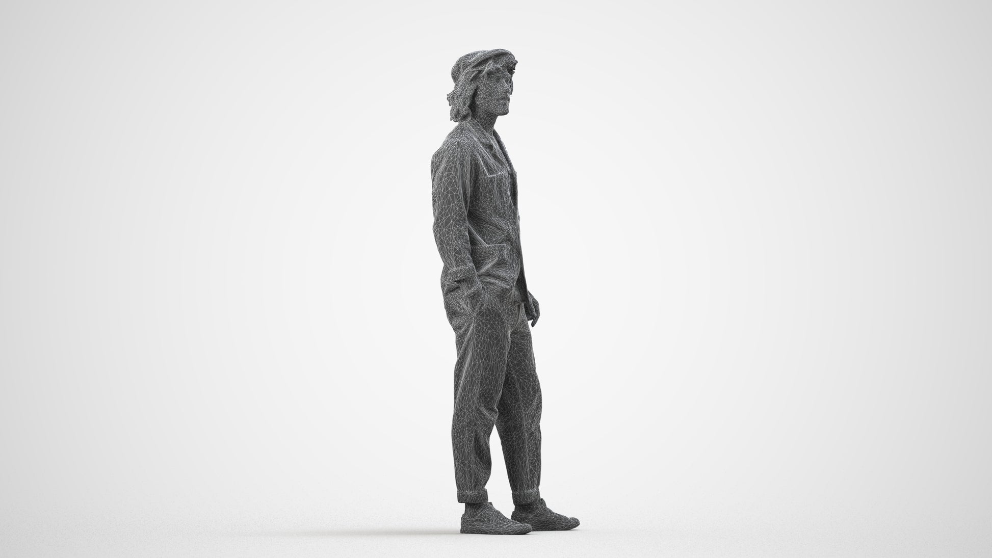 3D scanned man standing casual, photorealistic archviz people for Enscape and SketchUp, wireframe side view