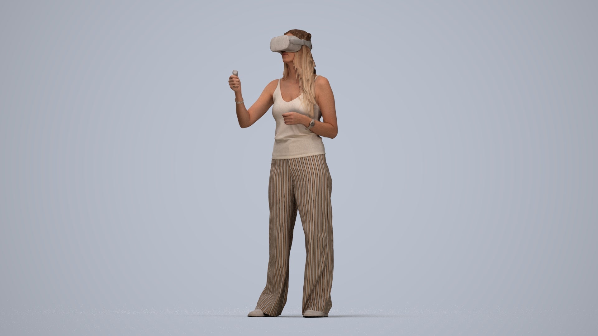 realistic 3D people woman casual standing, render-ready for V-Ray and Corona, FBX OBJ, top-down view render