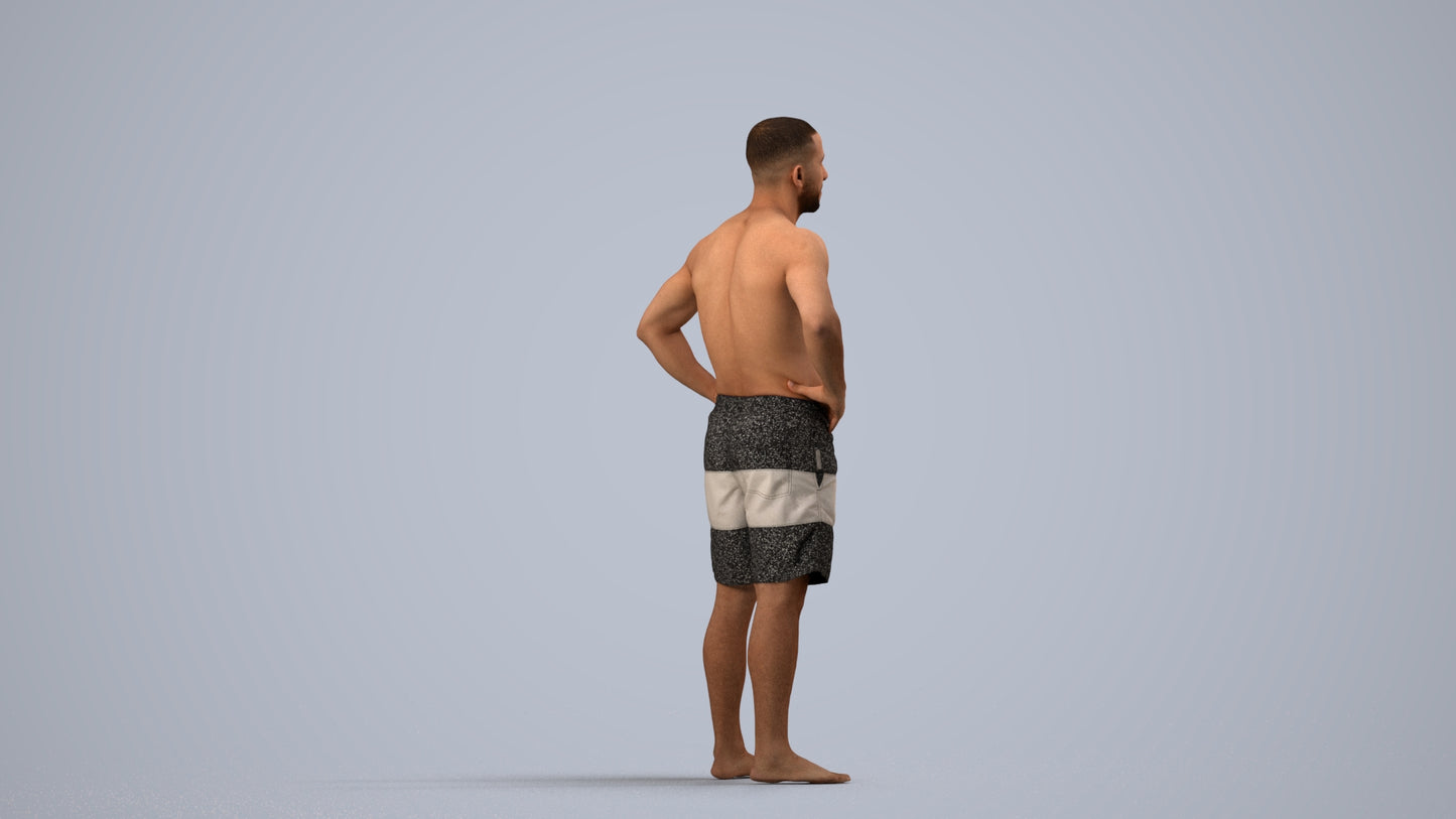 realistic 3D human man pool, archviz people FBX OBJ for Blender, side view render