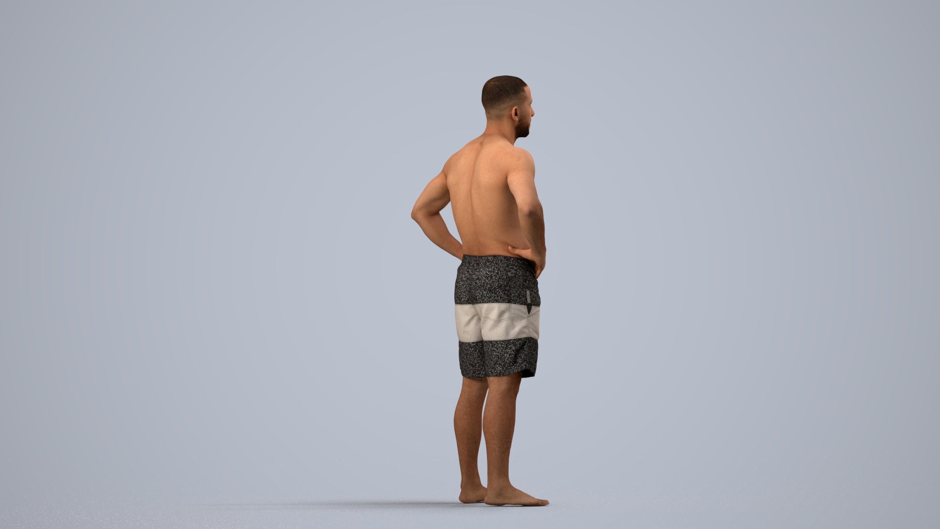realistic 3D human man pool, archviz people FBX OBJ for Blender, side view render