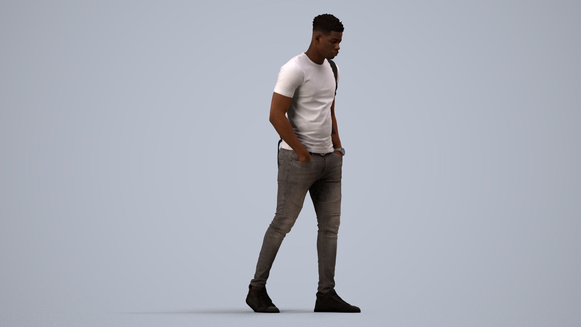 realistic 3D human man casual walking, archviz people FBX OBJ for Blender, side view render