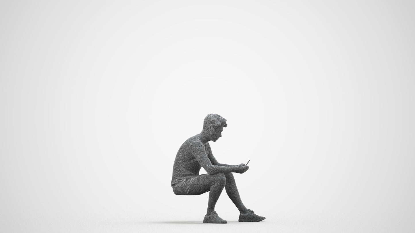 realistic 3D human man casual sitting, archviz people FBX OBJ for Blender, wireframe side view