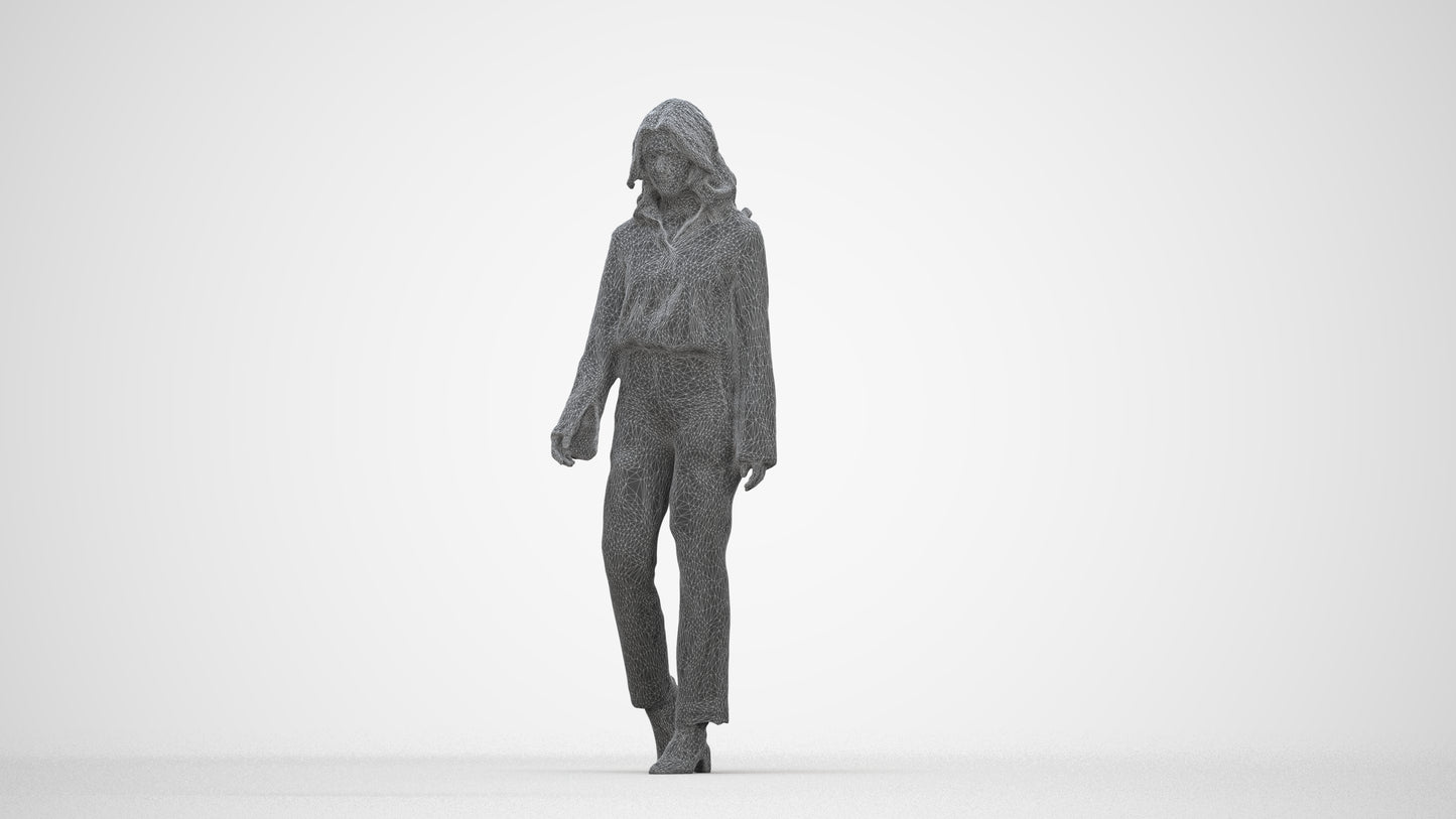 3D scanned woman walking business, photorealistic archviz people for Enscape and SketchUp, wireframe back view
