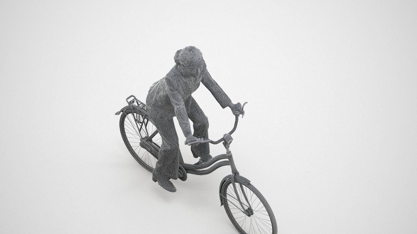 realistic 3D people woman business cycling, render-ready for V-Ray and Corona, FBX OBJ, wireframe three-quarter view