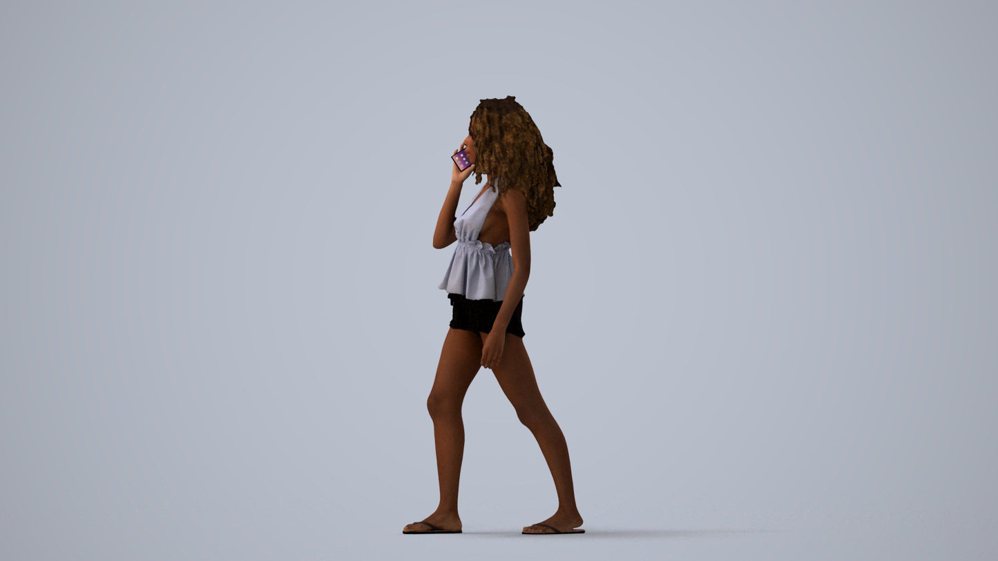 3D scanned woman walking casual, photorealistic archviz people for Enscape and SketchUp, three-quarter view render