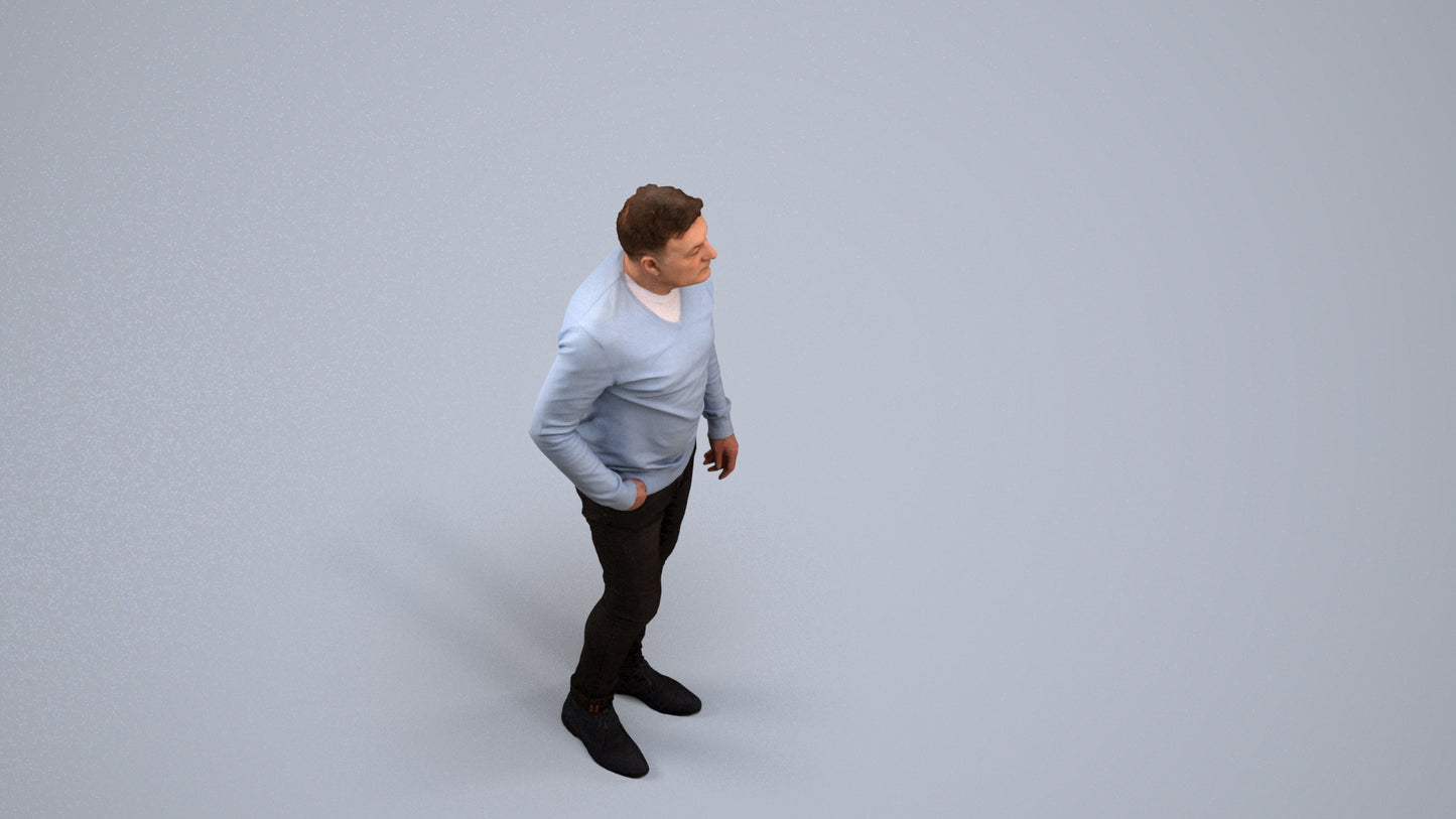 3D human model man casual standing, photogrammetry scanned person for archviz, back view render