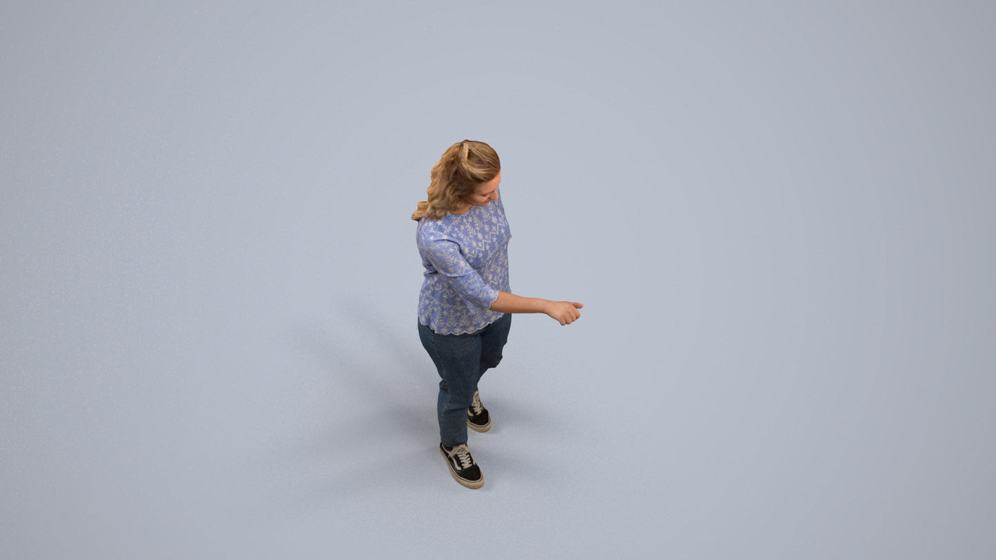 3D human model woman casual mix, photogrammetry scanned person for archviz, back view render