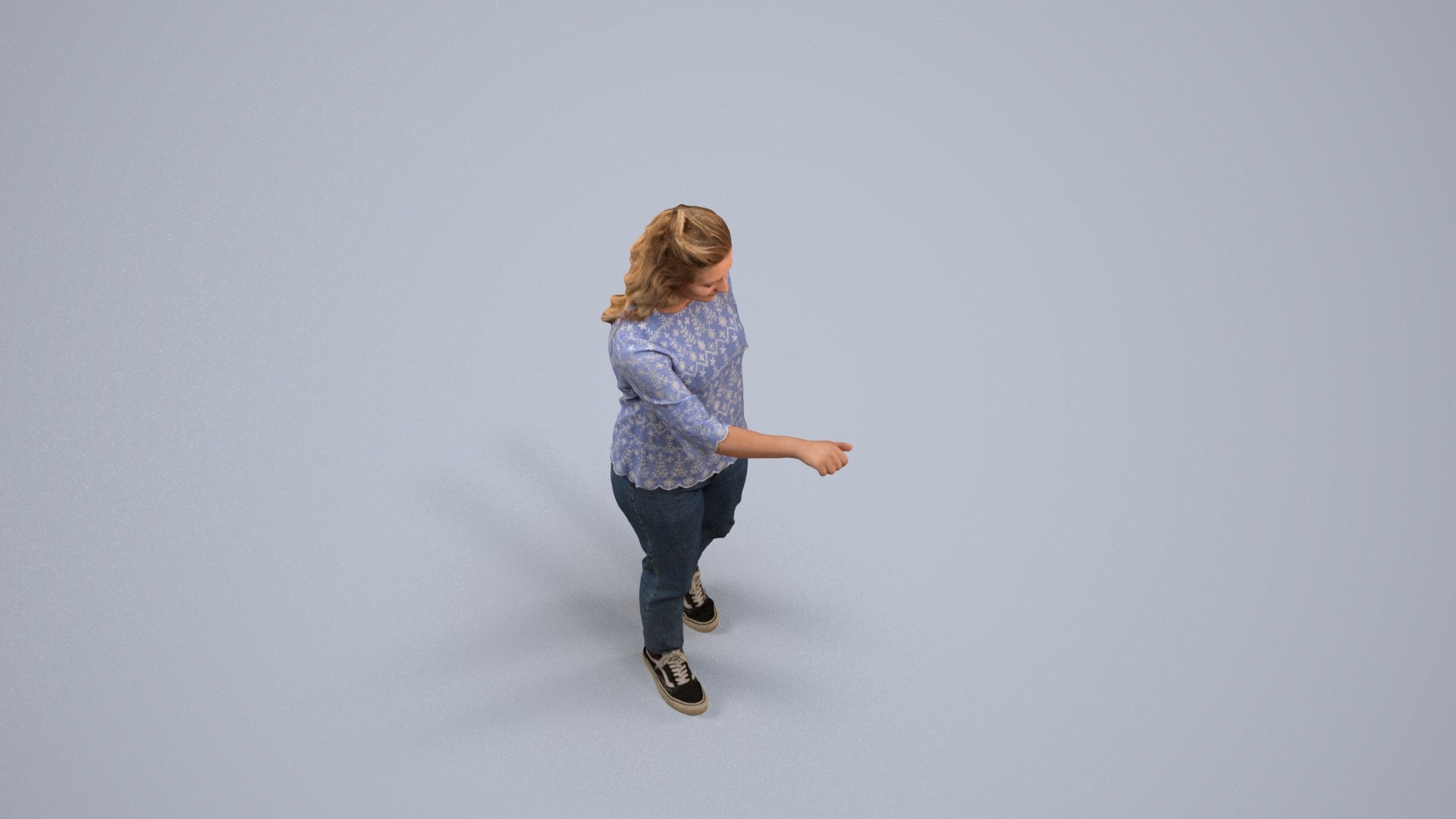3D human model woman casual mix, photogrammetry scanned person for archviz, back view render
