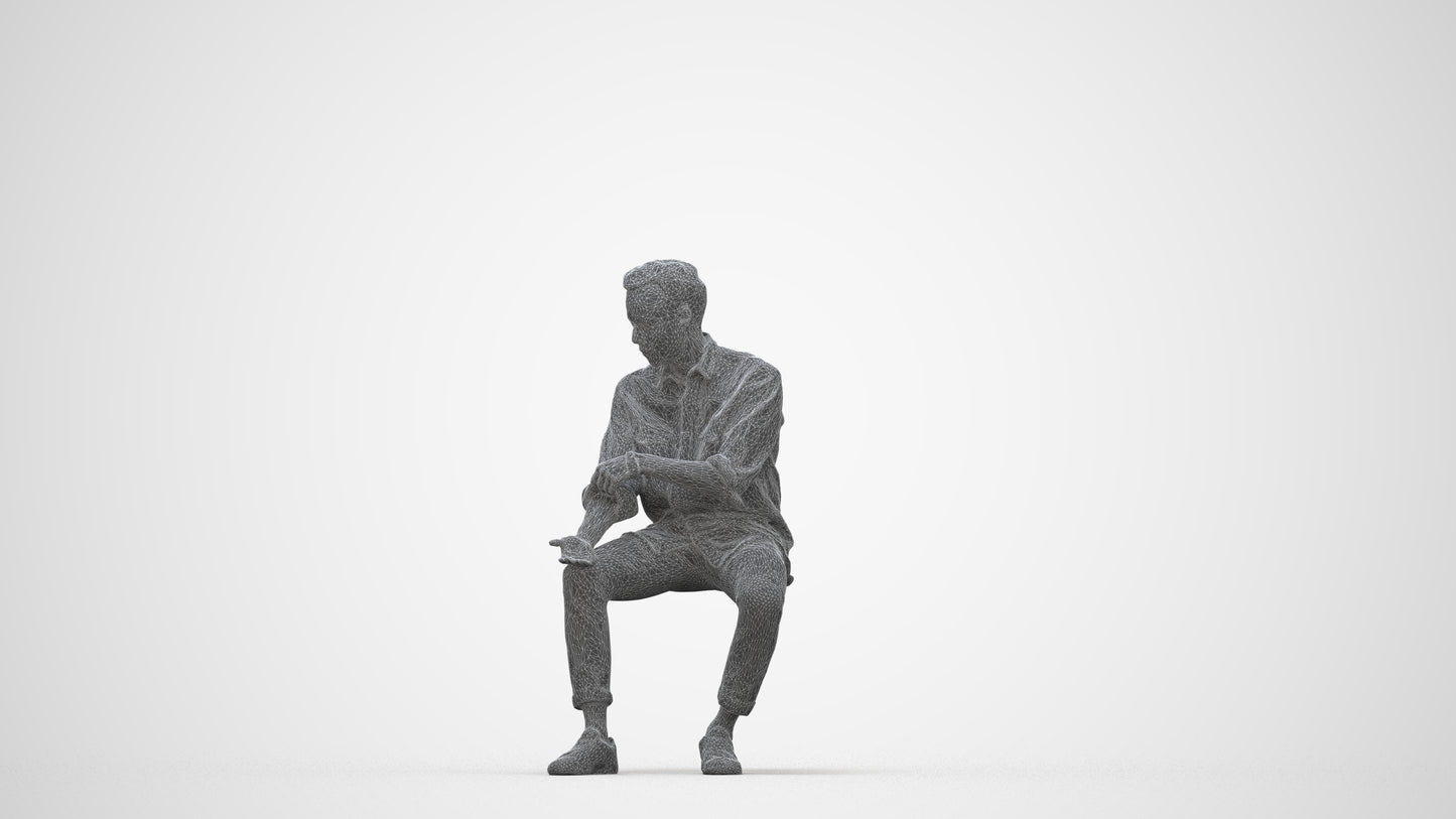 realistic 3D people man casual sitting, render-ready for V-Ray and Corona, FBX OBJ, wireframe back view