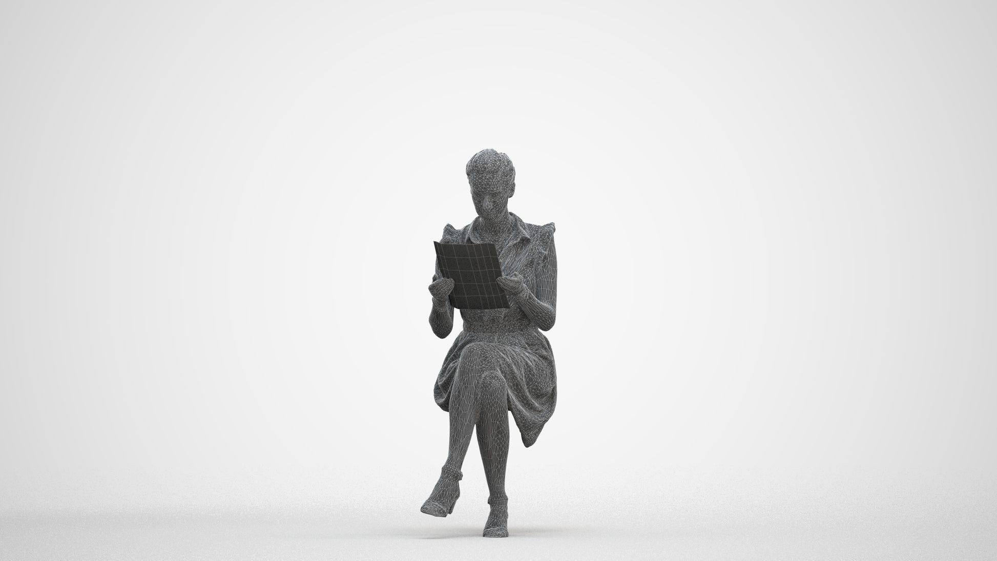 3D people model woman casual sitting, scanned human for 3ds Max rendering, three-quarter front view render