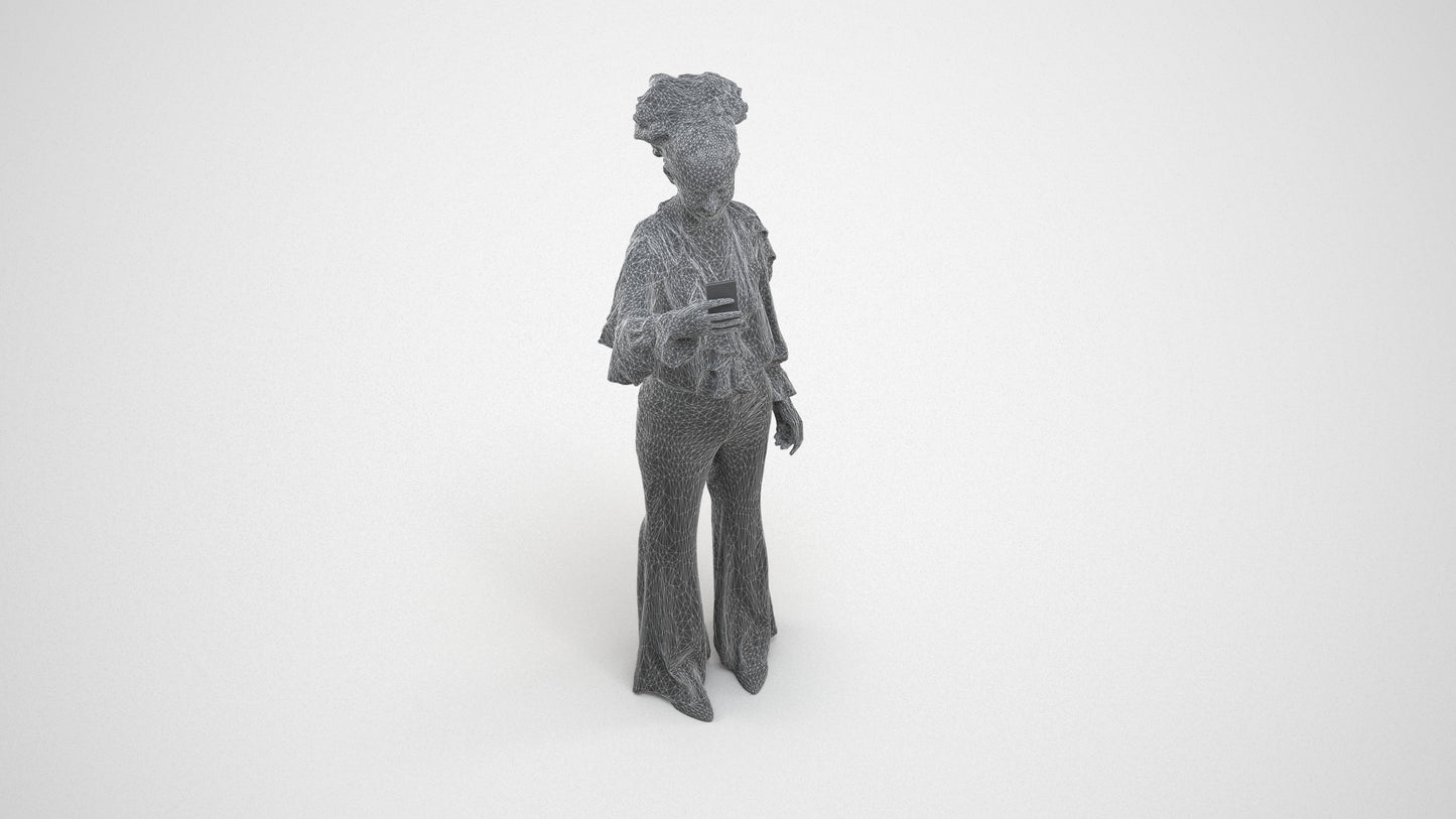 photogrammetry 3D woman casual standing, realistic human model archviz FBX, wireframe three-quarter view