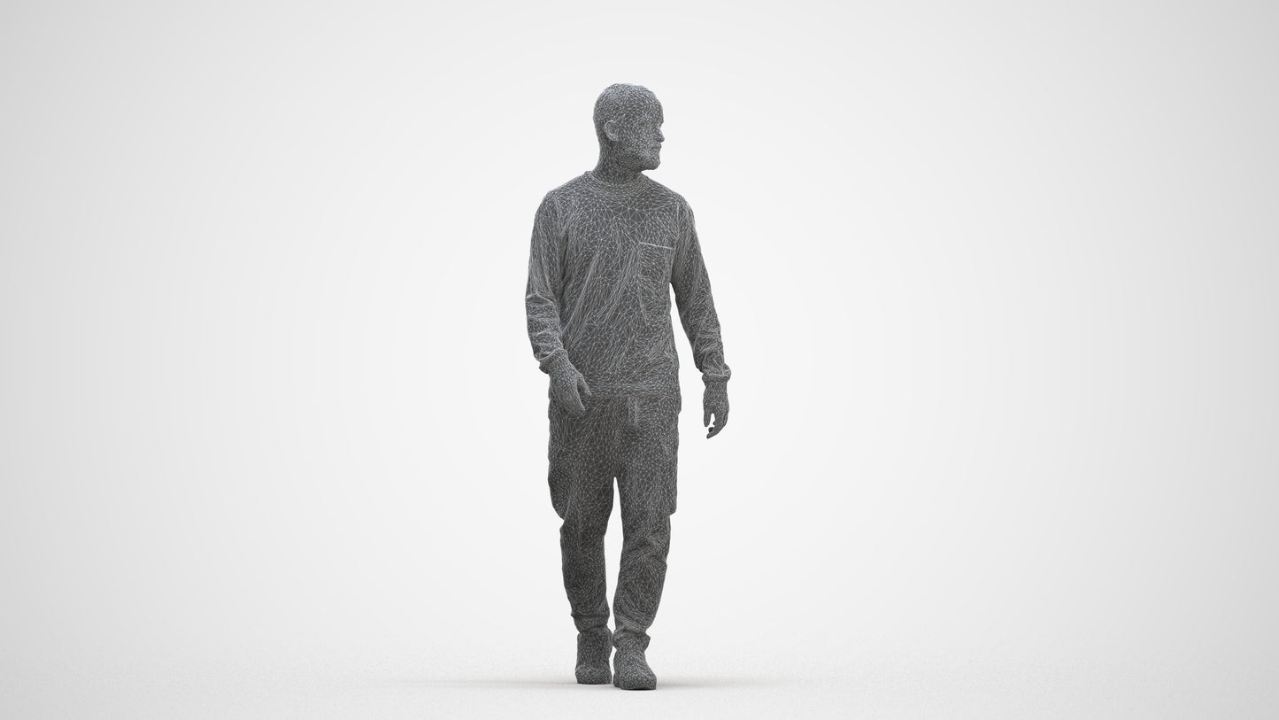 3D scanned man walking casual, photorealistic archviz people for Enscape and SketchUp, three-quarter front view render