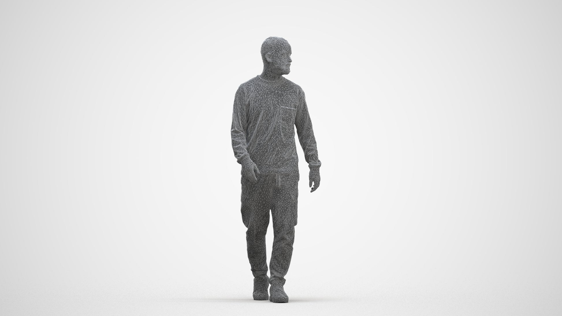 3D scanned man walking casual, photorealistic archviz people for Enscape and SketchUp, three-quarter front view render