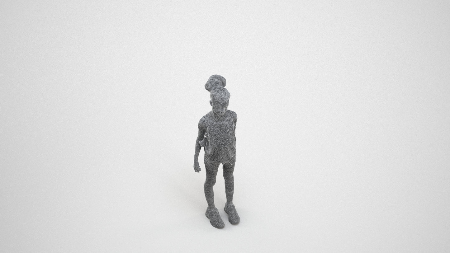 3D human model girl sport kids, photogrammetry scanned person for archviz, wireframe three-quarter view