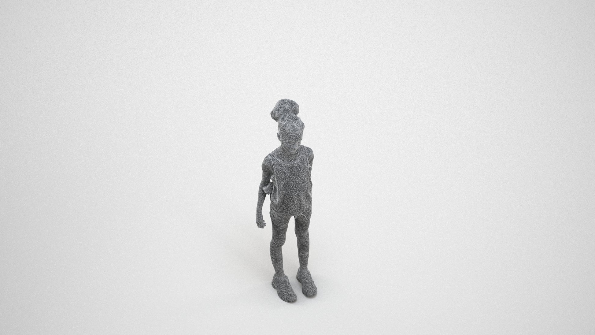 3D human model girl sport kids, photogrammetry scanned person for archviz, wireframe three-quarter view