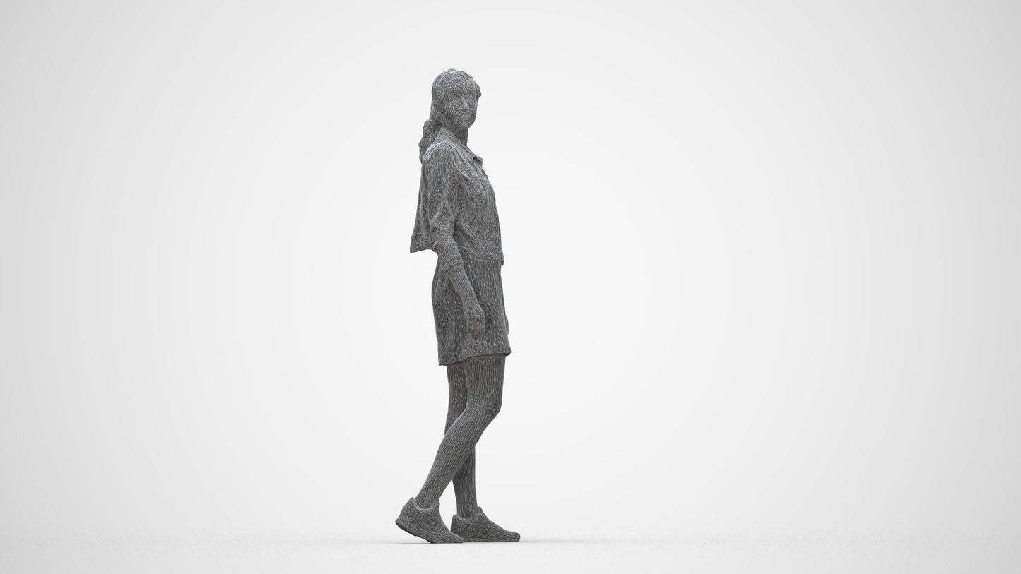realistic 3D woman casual walking, scanned archviz people for Blender and 3ds Max, wireframe back view