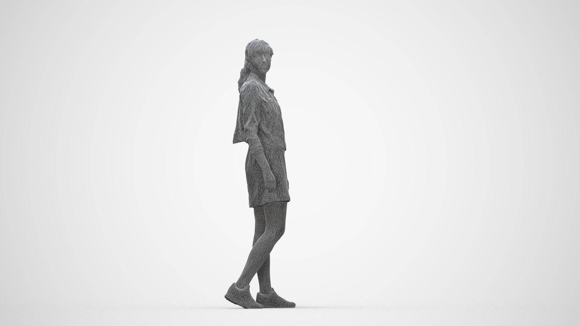 realistic 3D woman casual walking, scanned archviz people for Blender and 3ds Max, wireframe back view