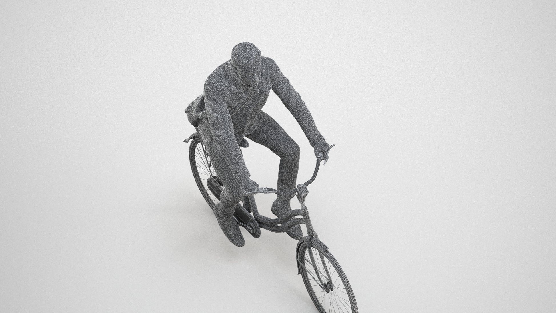 realistic 3D man casual cycling, scanned archviz people for Blender and 3ds Max, wireframe three-quarter view