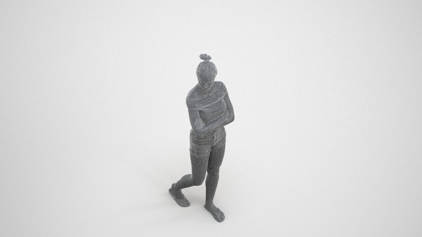 3D scanned girl walking casual, photorealistic archviz people for Enscape and SketchUp, wireframe three-quarter view