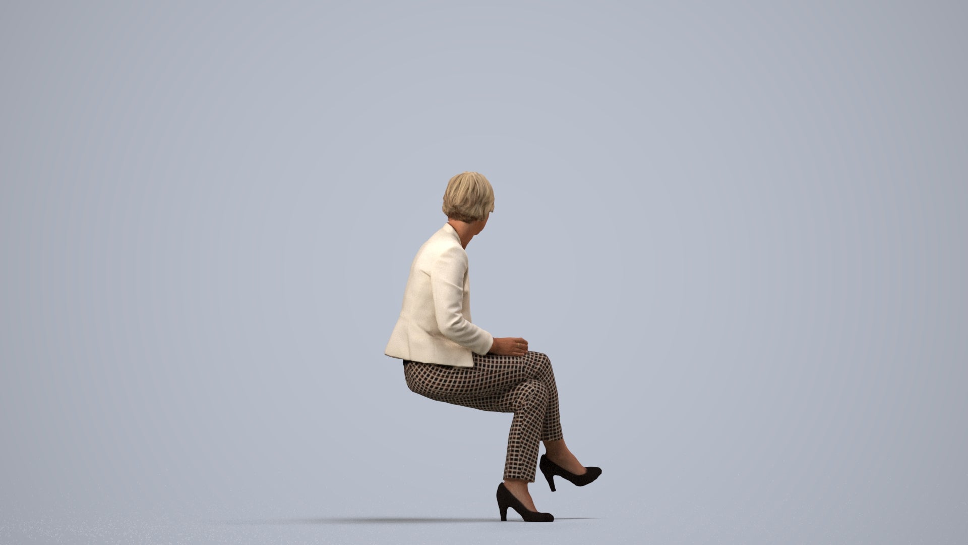 realistic 3D human senior woman business sitting, archviz people FBX OBJ for Blender, side view render
