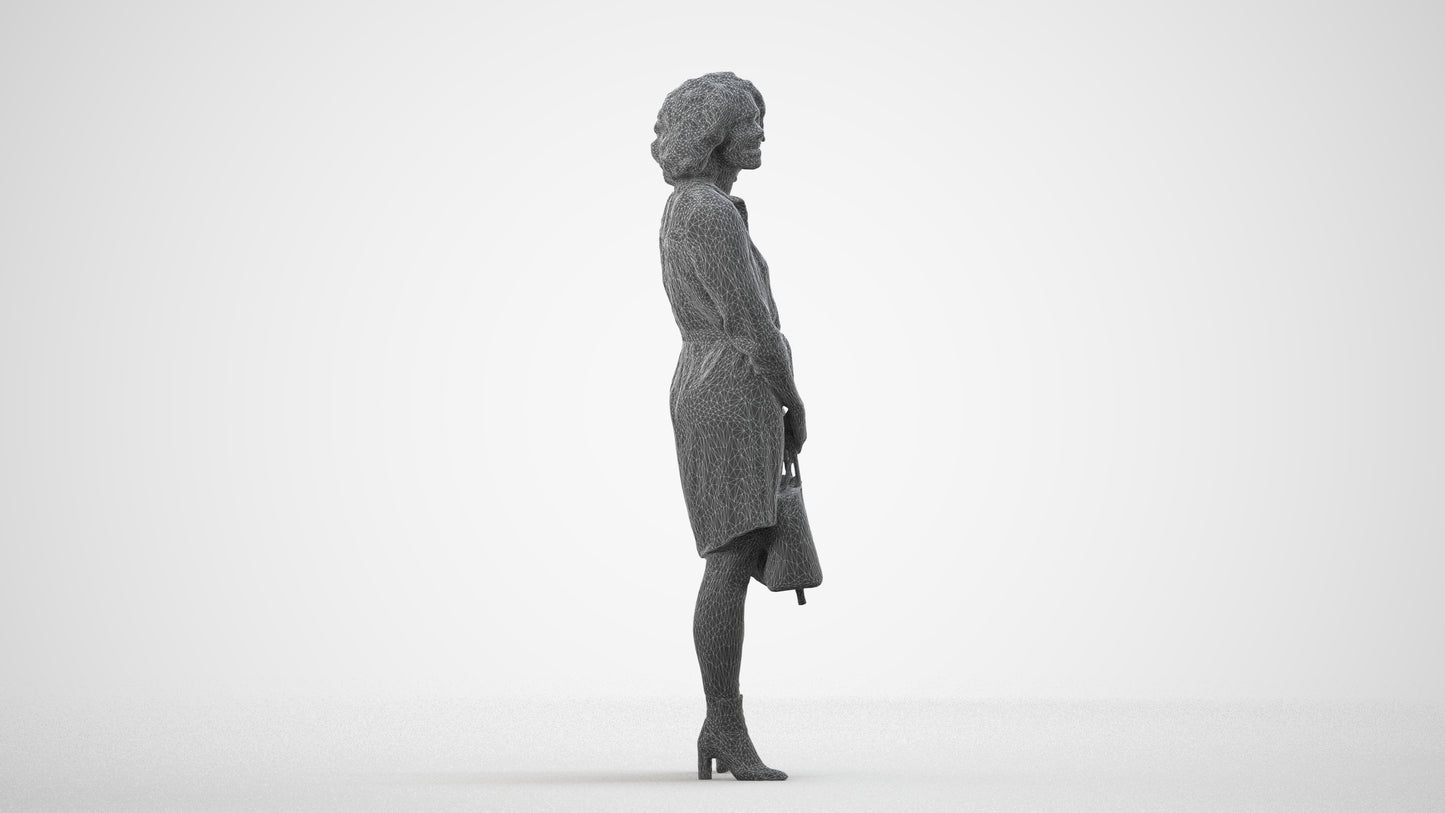 realistic 3D woman casual standing, scanned archviz people for Blender and 3ds Max, wireframe side view