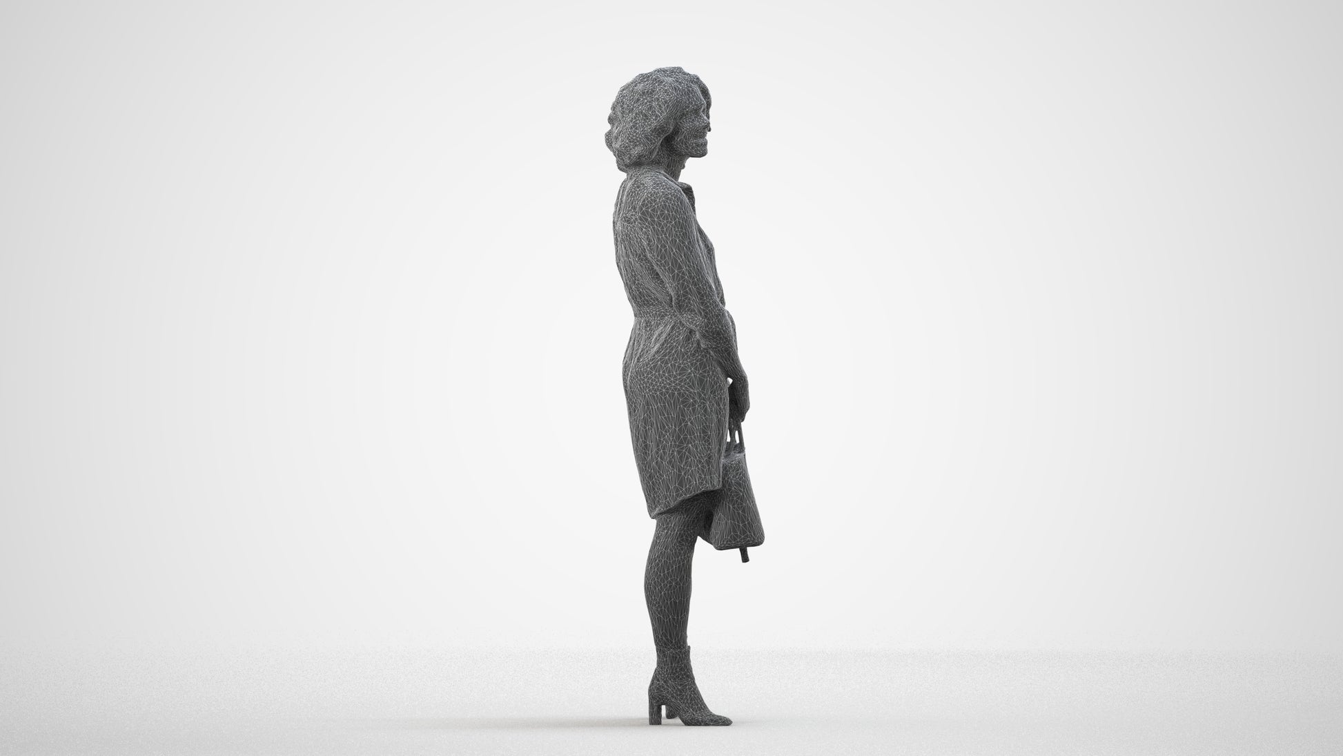 realistic 3D woman casual standing, scanned archviz people for Blender and 3ds Max, wireframe side view