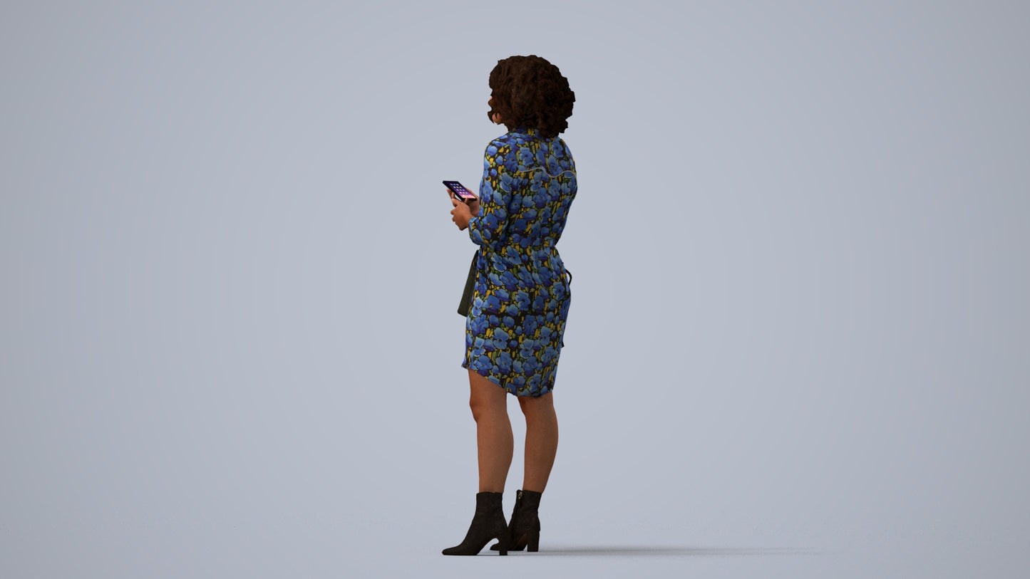 3D scanned woman standing casual, photorealistic archviz people for Enscape and SketchUp, three-quarter view render