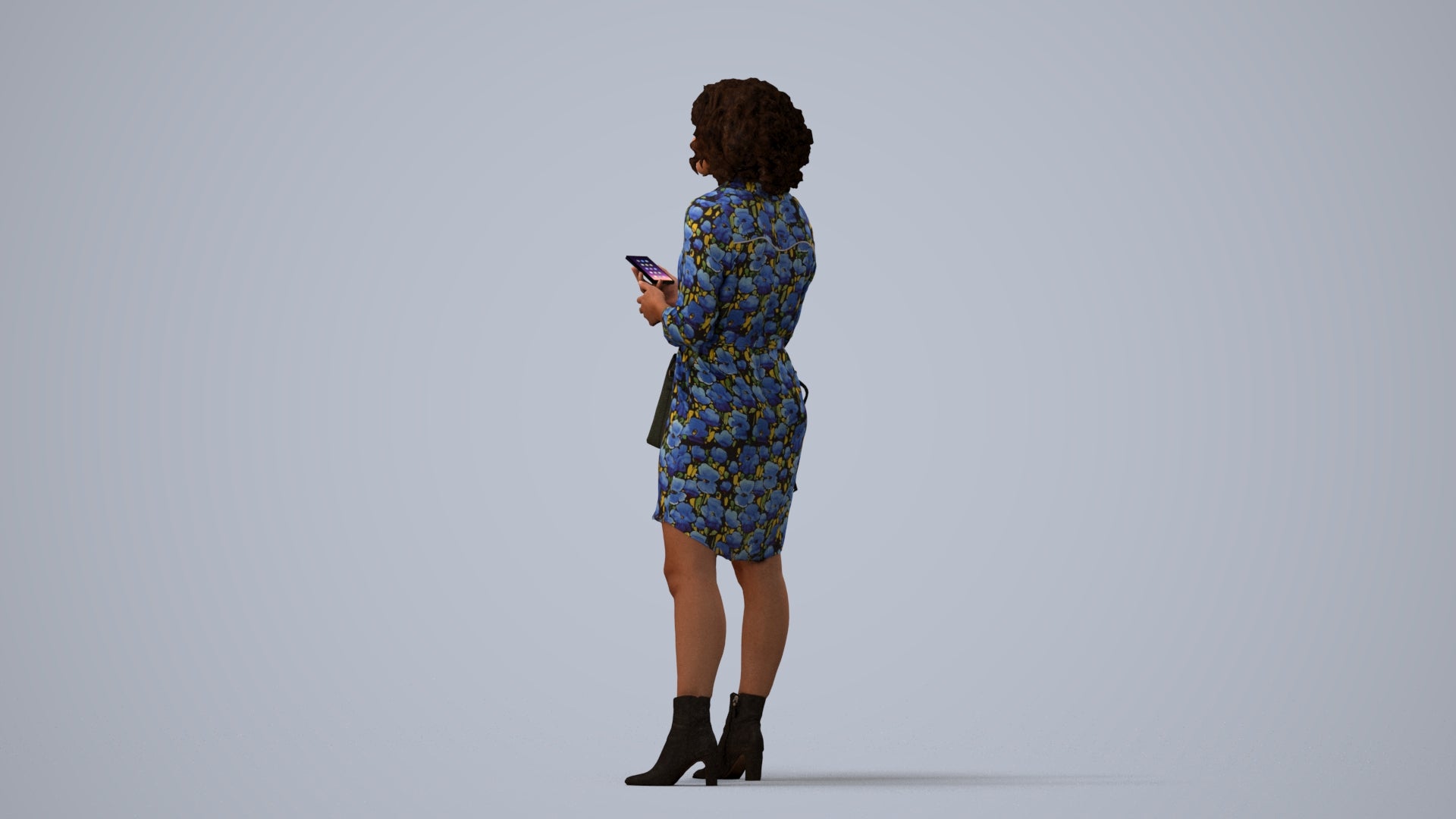 3D scanned woman standing casual, photorealistic archviz people for Enscape and SketchUp, three-quarter view render