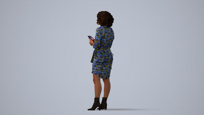 3D scanned woman standing casual, photorealistic archviz people for Enscape and SketchUp, three-quarter view render
