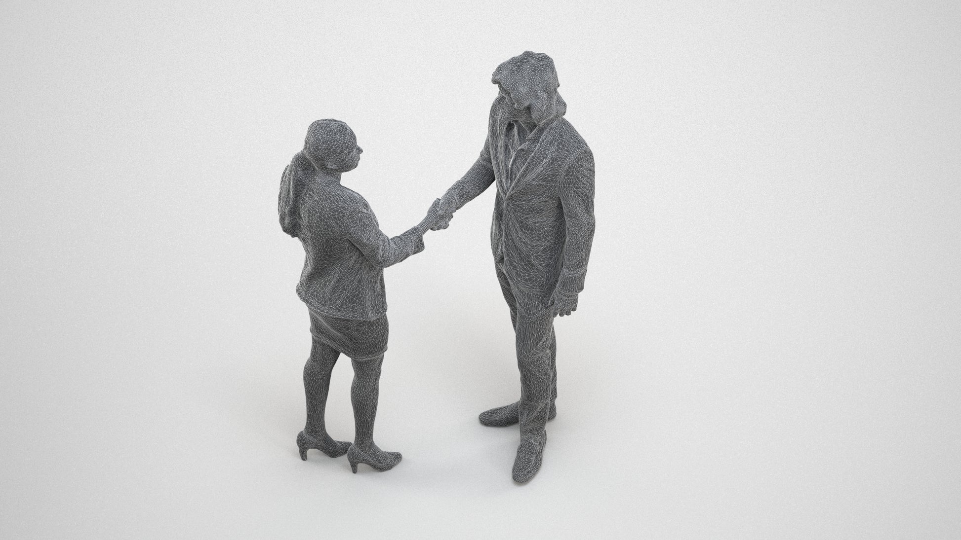 3D human model woman business, photogrammetry scanned person for archviz, wireframe three-quarter view