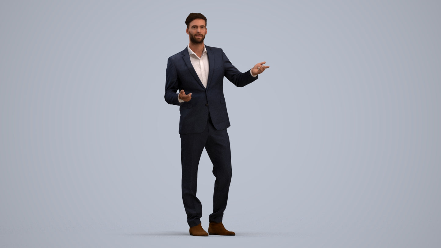 3D human model man business, photogrammetry scanned person for archviz, standing pose render