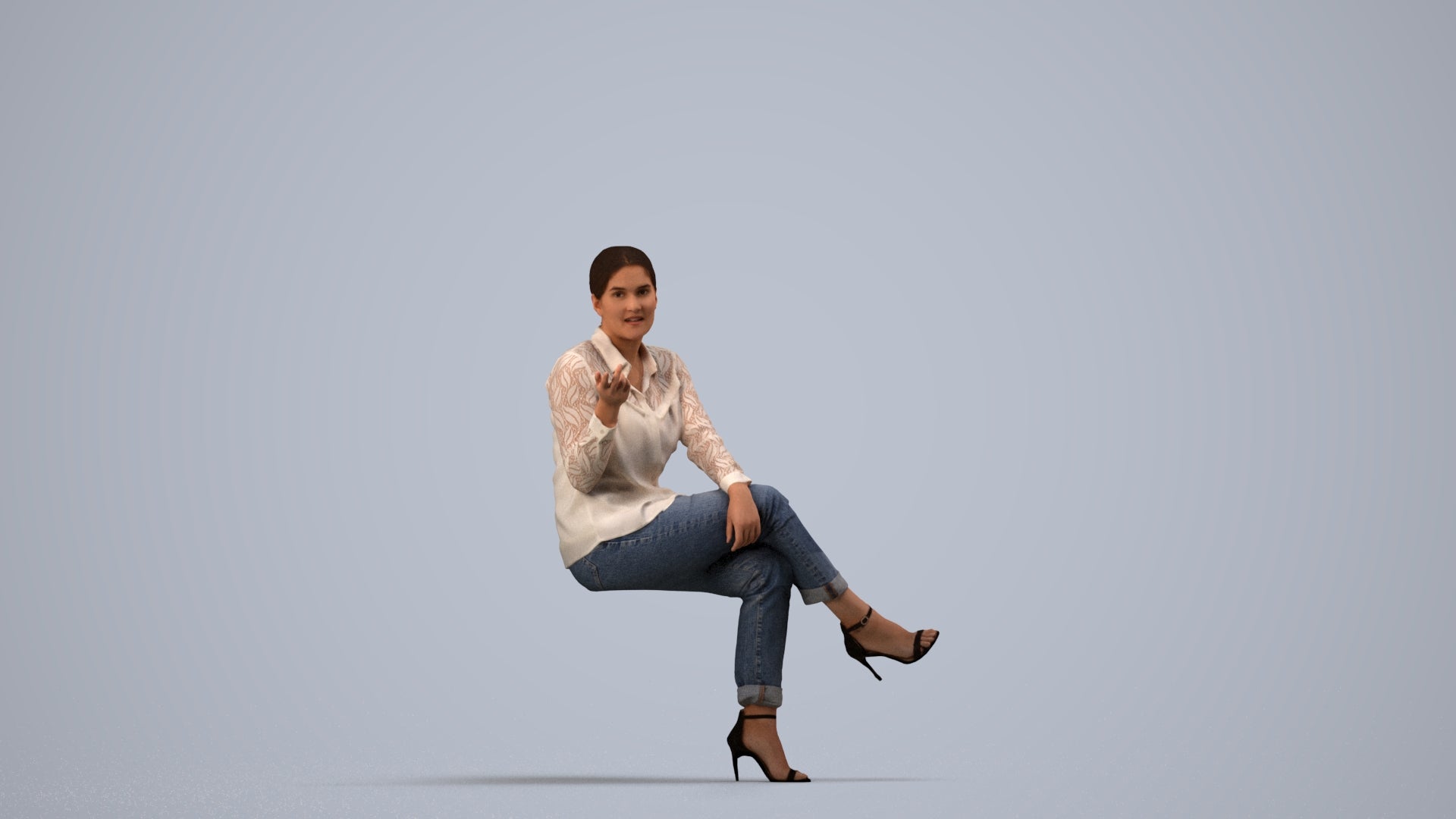 3D people model woman casual sitting, scanned human for 3ds Max rendering, side view render