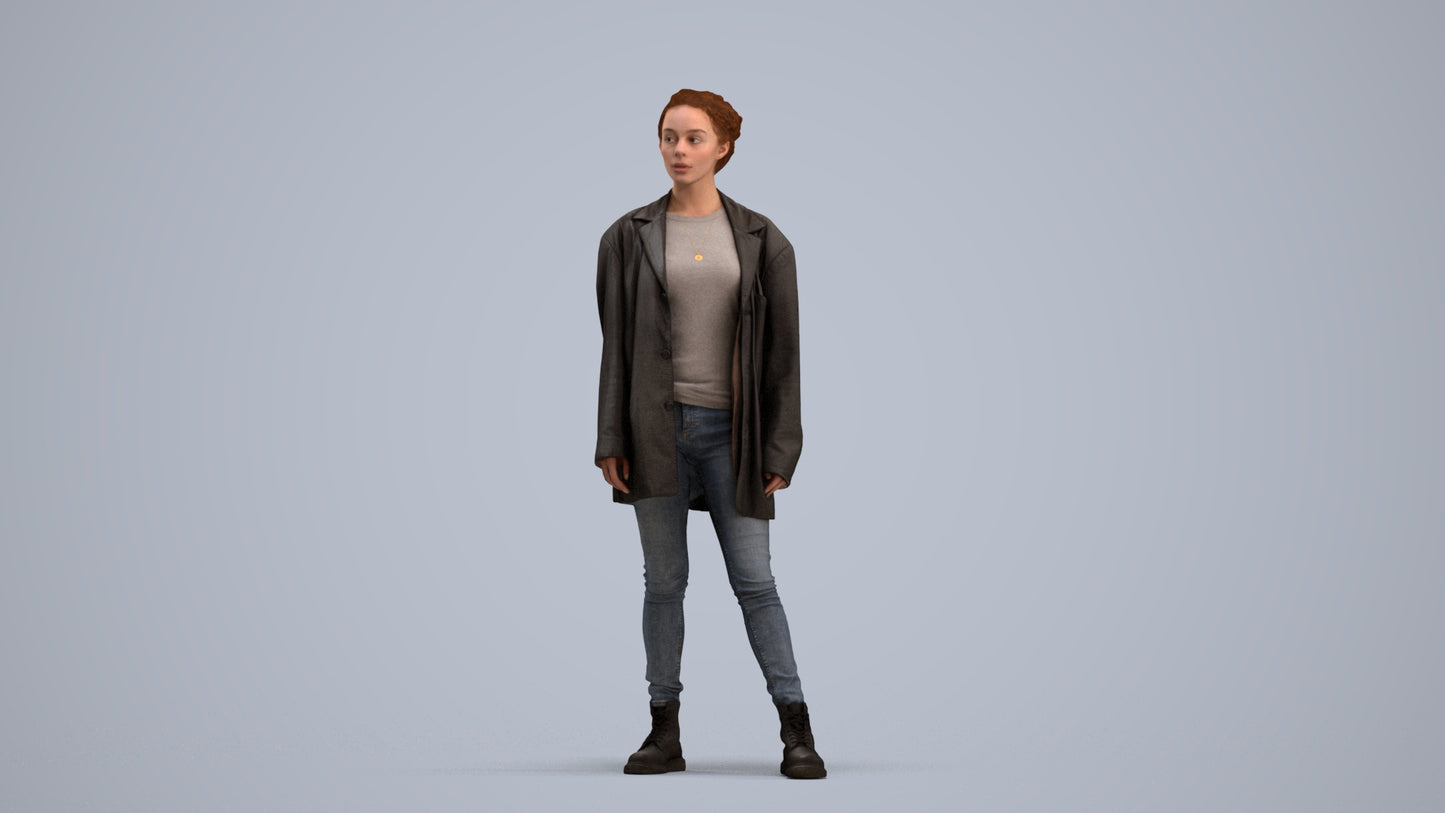 3D human model woman casual mix, photogrammetry scanned person for archviz, standing pose render