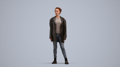 3D human model woman casual mix, photogrammetry scanned person for archviz, standing pose render