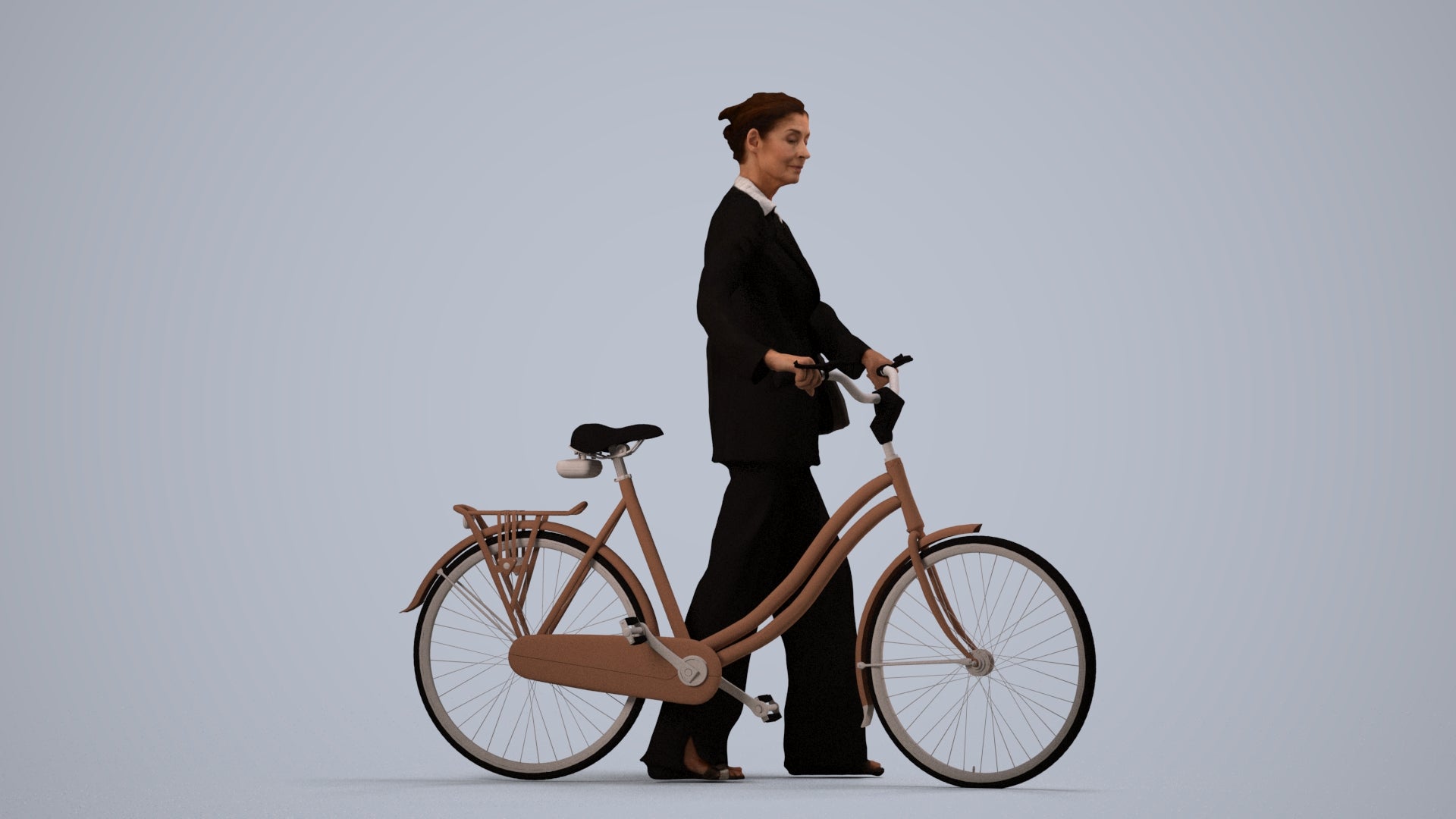 realistic 3D people senior woman business cycling, render-ready for V-Ray and Corona, FBX OBJ, side view render
