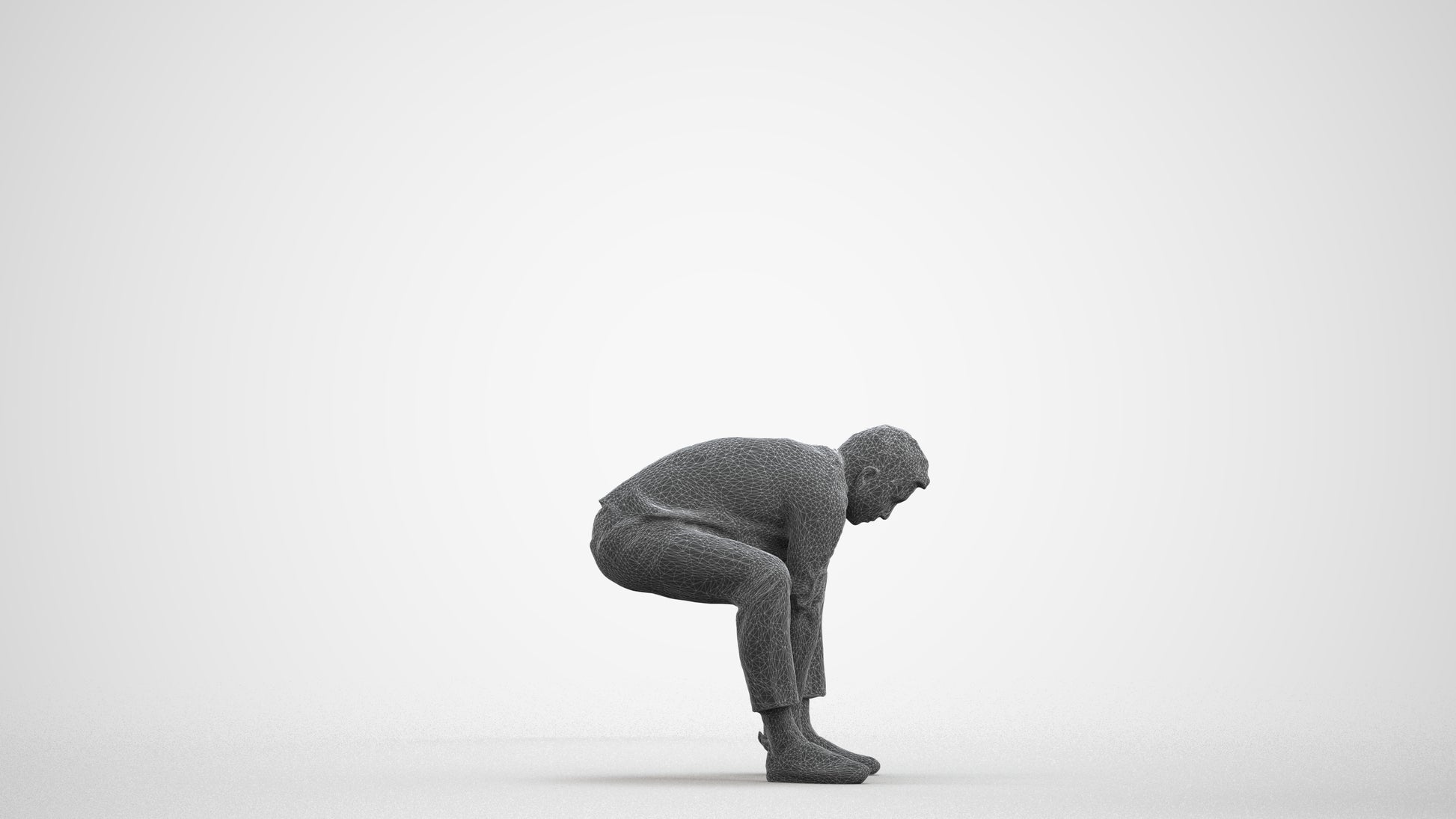 3D scanned man sitting casual, photorealistic archviz people for Enscape and SketchUp, wireframe front view