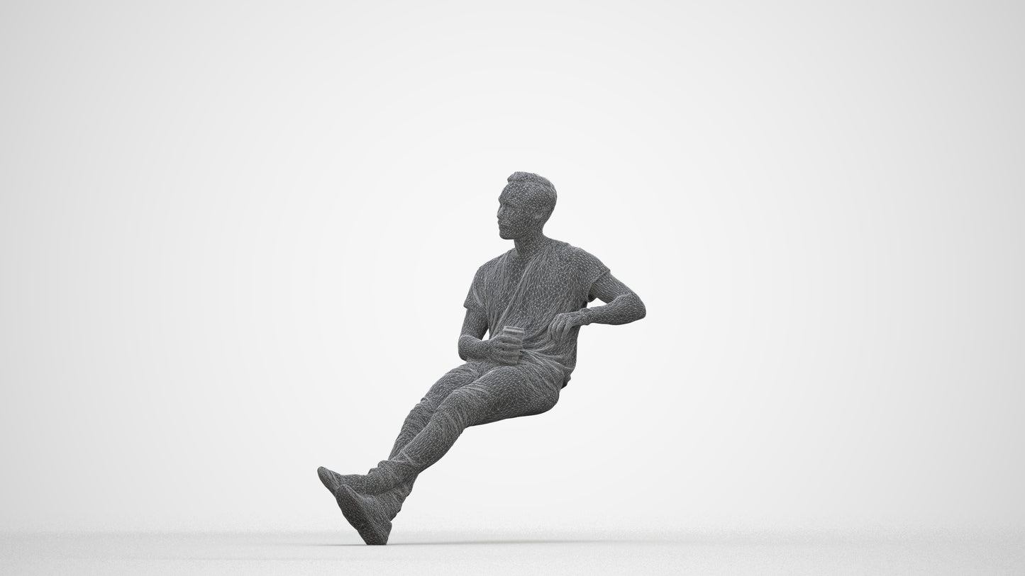 3D people model man casual sitting, scanned human for 3ds Max rendering, wireframe back view