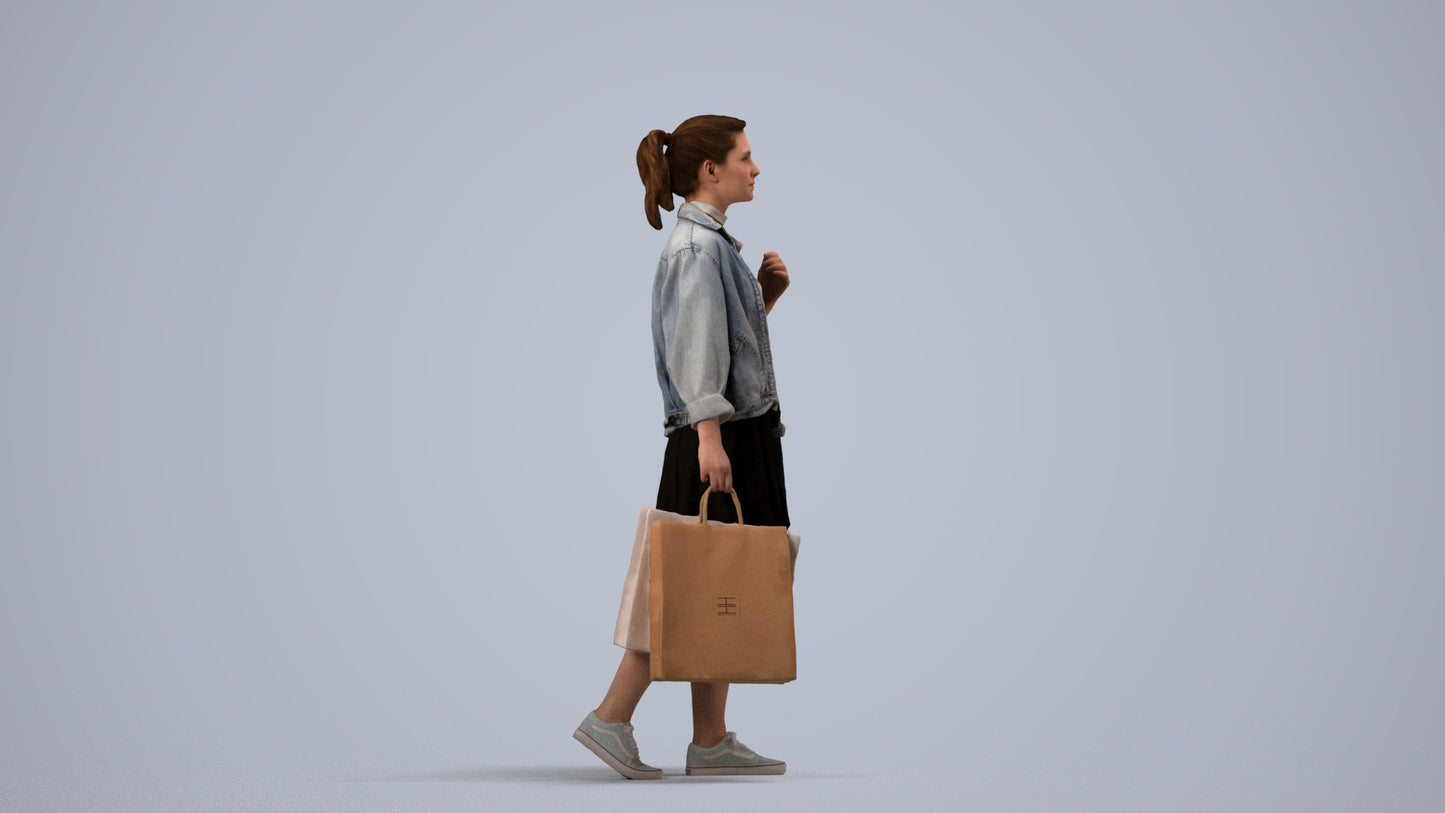 realistic 3D human woman casual walking, archviz people FBX OBJ for Blender, side view render
