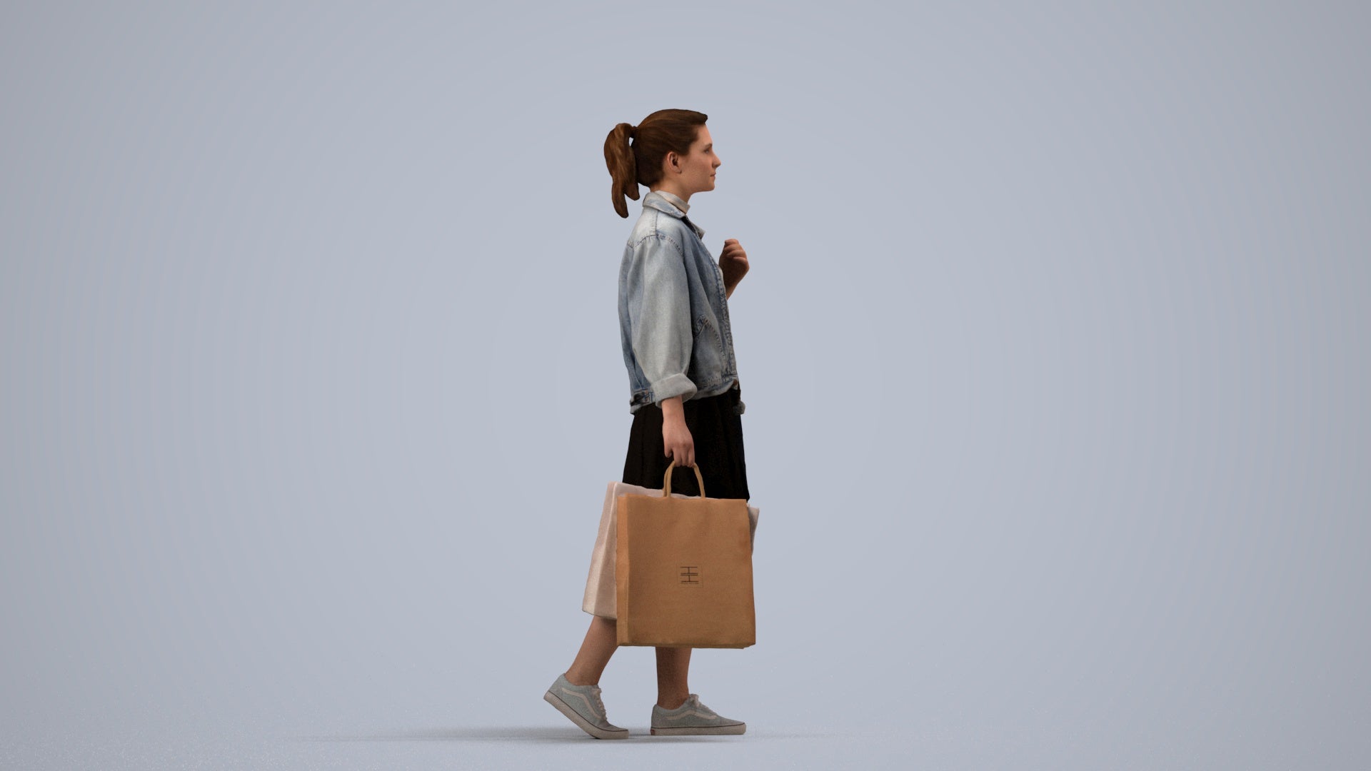 realistic 3D human woman casual walking, archviz people FBX OBJ for Blender, side view render