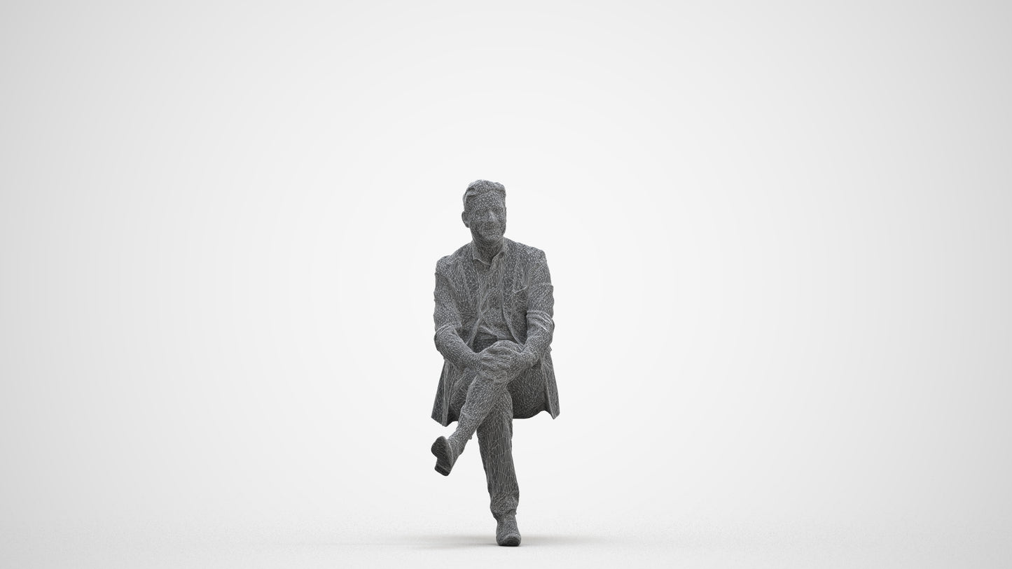 3D people model man business sitting, scanned human for 3ds Max rendering, three-quarter front view render