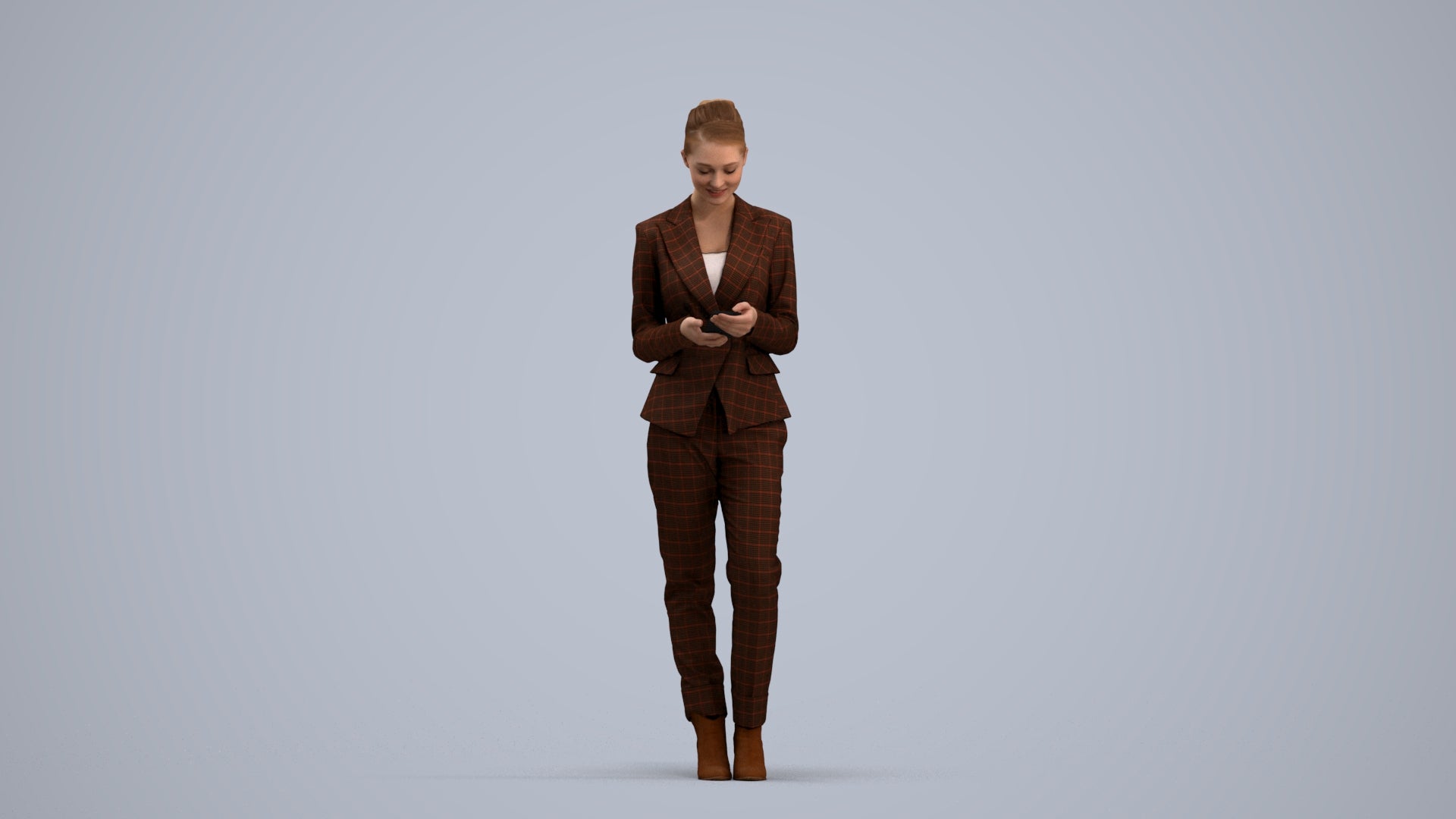 3D human model woman business standing, photogrammetry scanned person for archviz, standing pose render