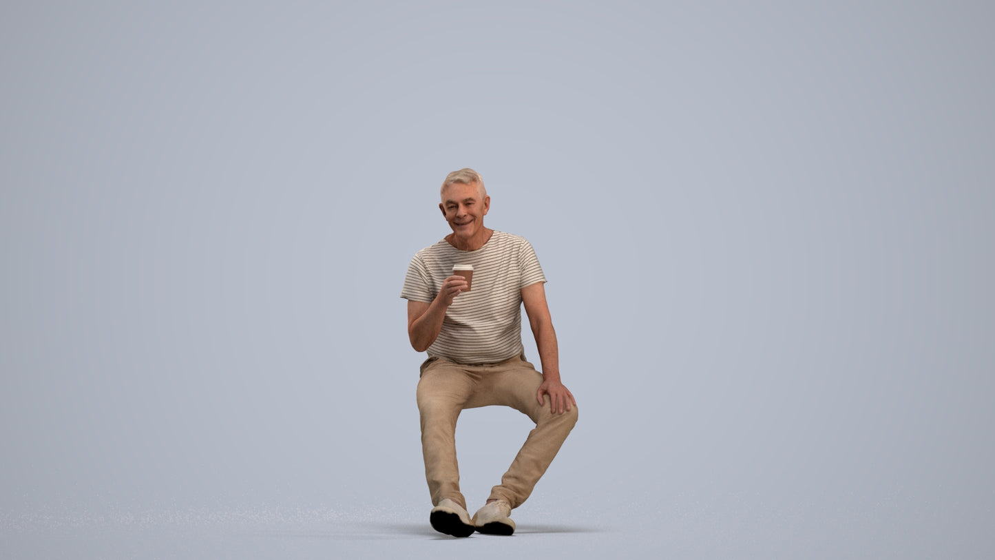 scanned 3D senior man casual sitting, photogrammetry people for Enscape and V-Ray, standing pose render