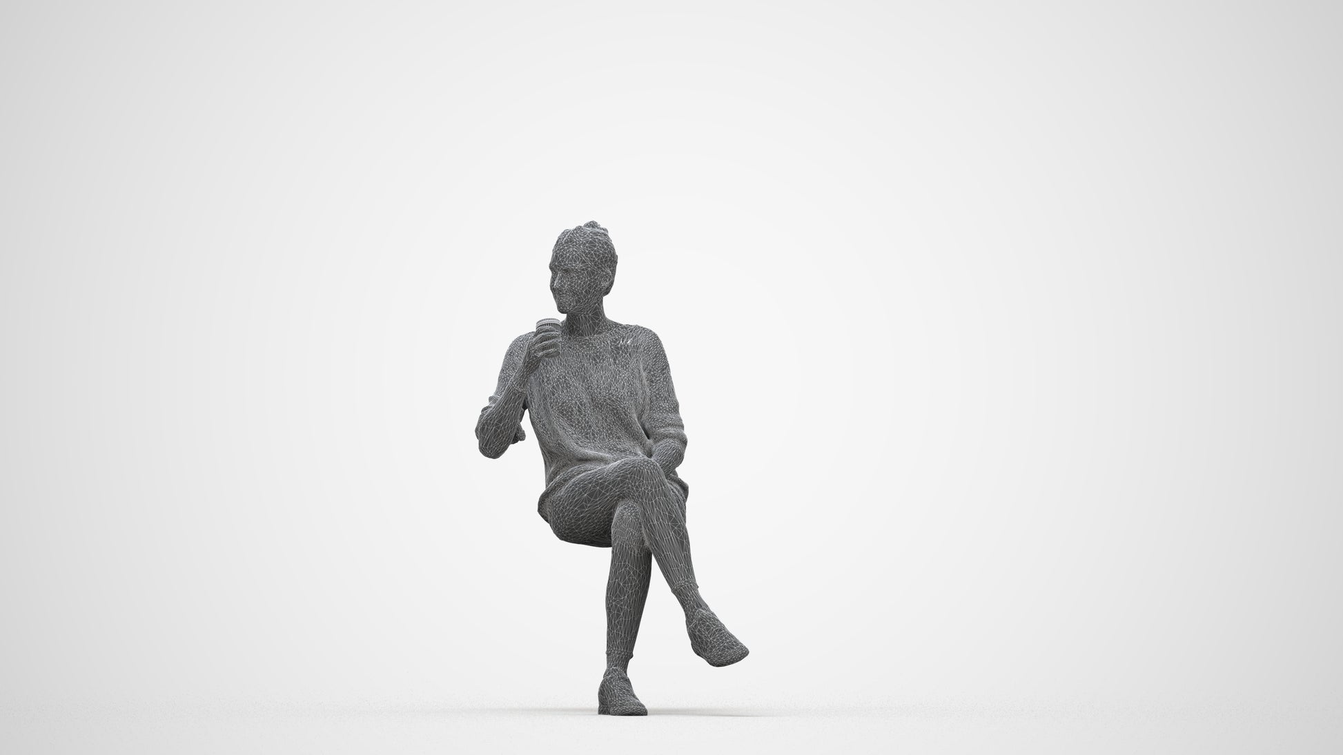 scanned 3D woman casual sitting, photogrammetry people for Enscape and V-Ray, wireframe back view