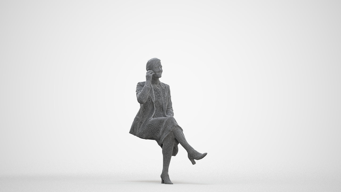 3D human model woman business sitting, photogrammetry scanned person for archviz, three-quarter front view render
